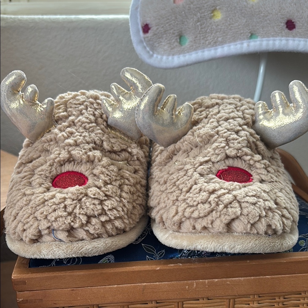 Cozy Reindeer Kids or Women Slippers - Tan and Red
